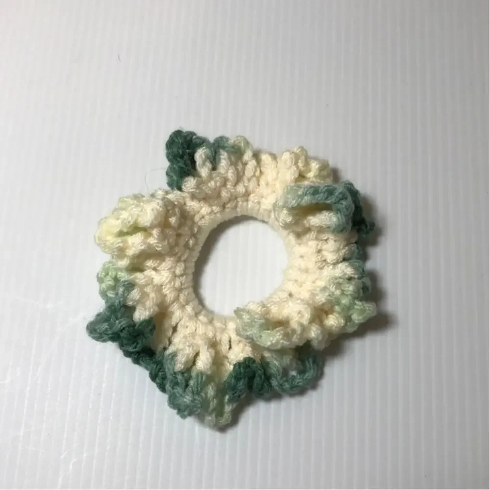 NWT Beige Green Handmade Crocheted Hair Scrunchie